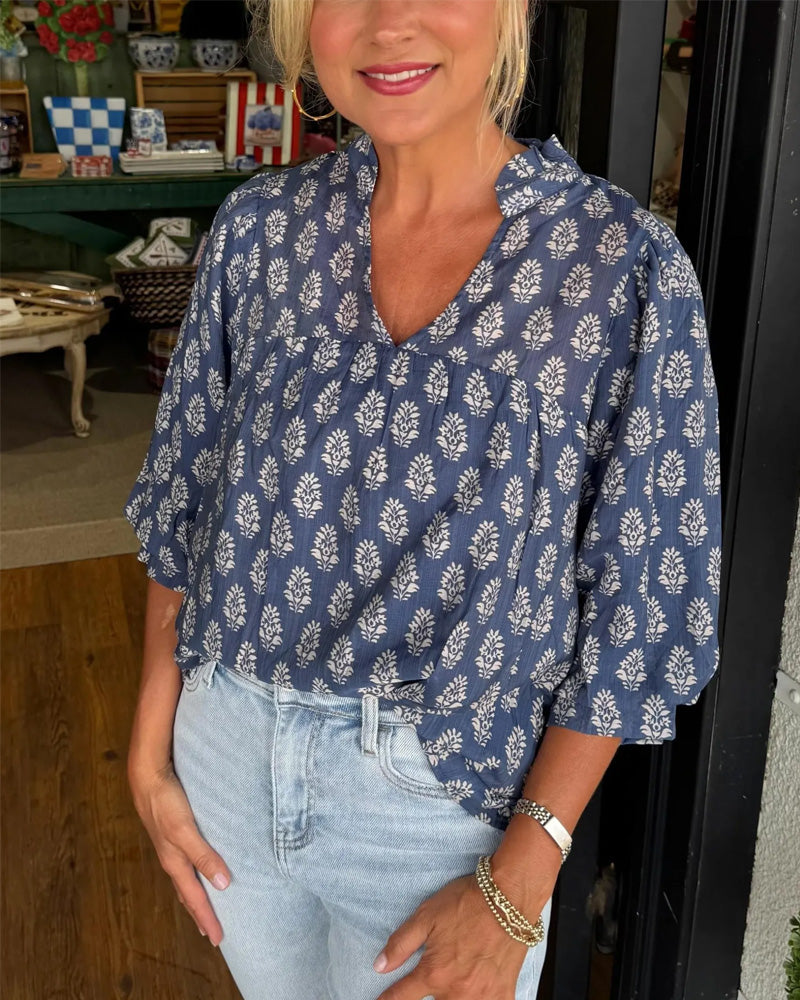 Three-Quarter Sleeve Printed Casual Blouse