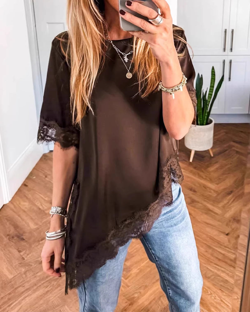 Irregular Lace Spliced Solid Color Blouse