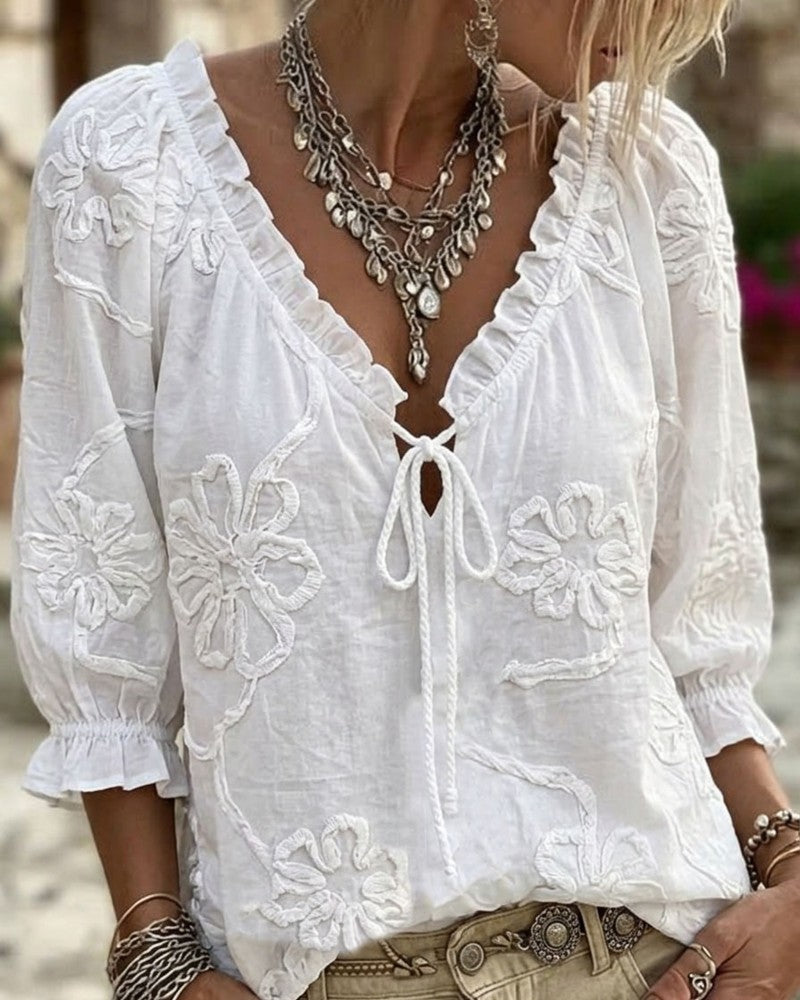 V-Neck Wrap Tie Ruffled Blouse