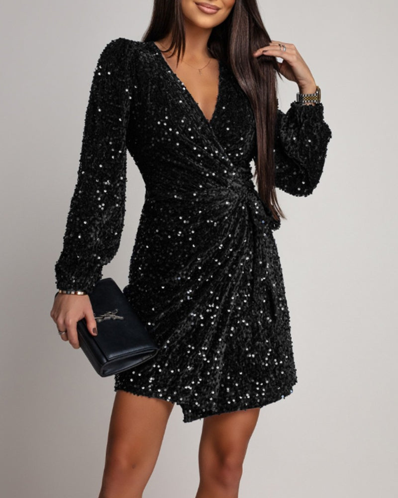 Fashionable Sequined V-Neck Lantern Sleeves Dress