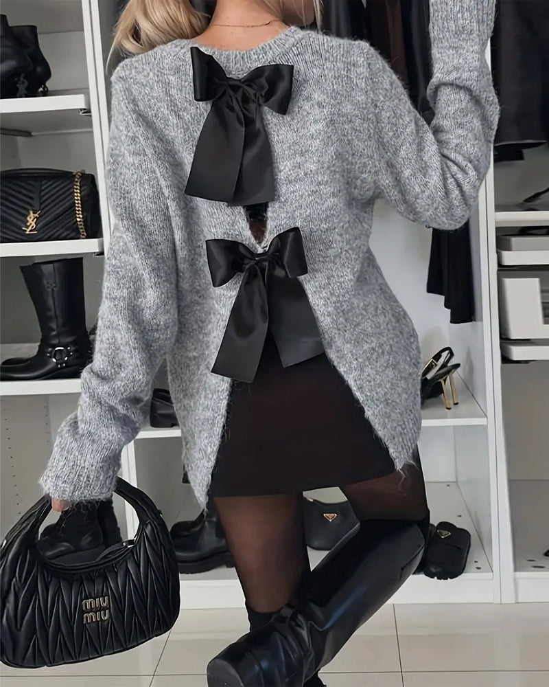 Long-Sleeved Slit Bow Pullover