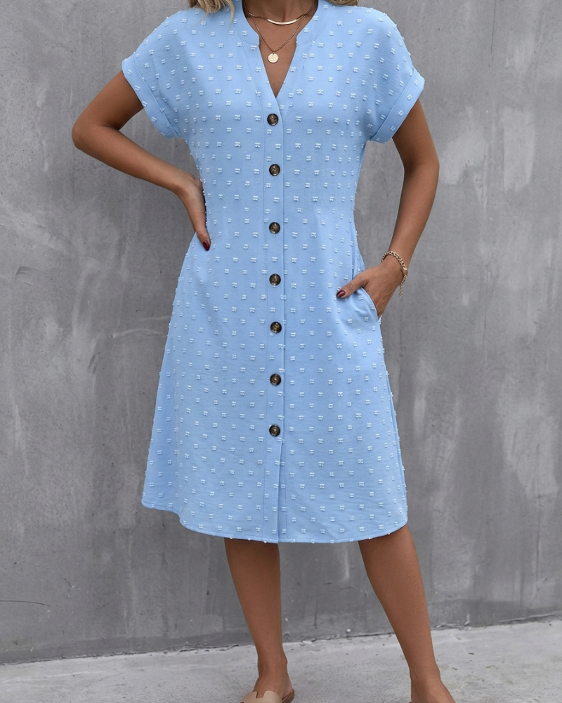 Jacquard V-Neck Button-Front Midi Shirt Dress