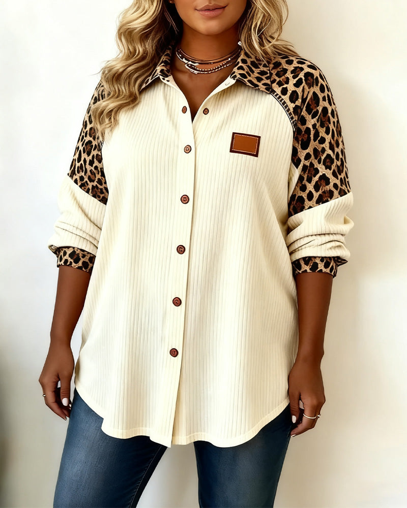 Plus-Size Leopard Print Patchwork Shirt