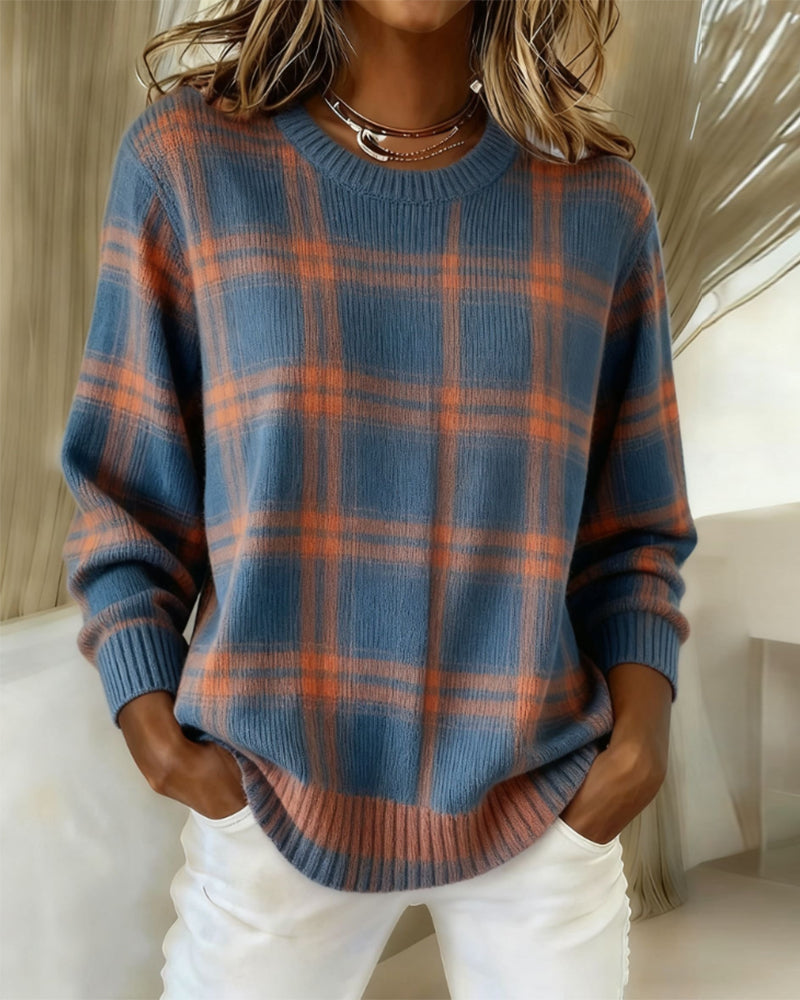 Long Sleeve Plaid Round Neck Sweater