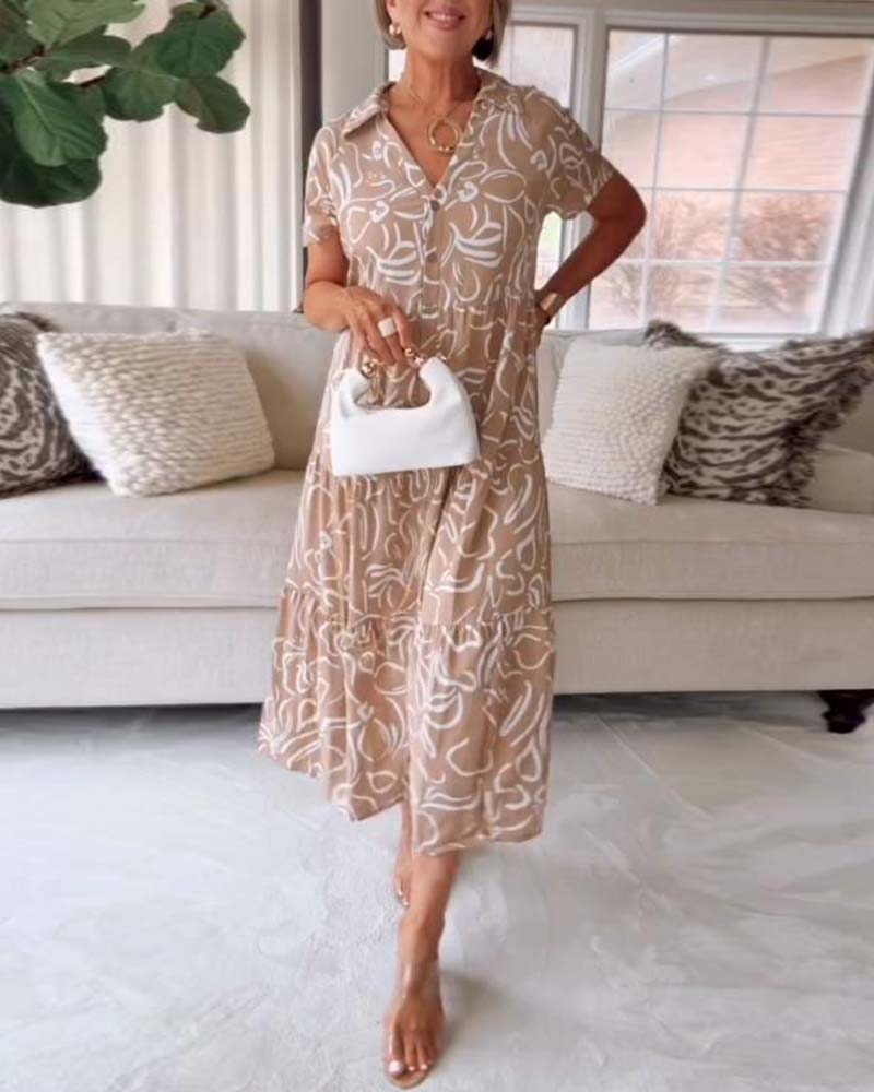 Aumora Short-sleeved Pocket Dress with Geometric Prints