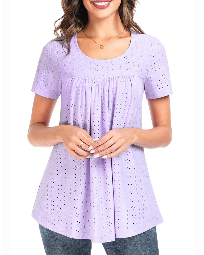 Hollow-Out Round-Neck Pleated T-Shirt