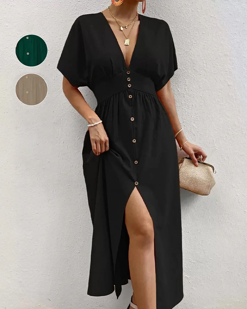 V-Neck Slit Button Short Sleeve Dress