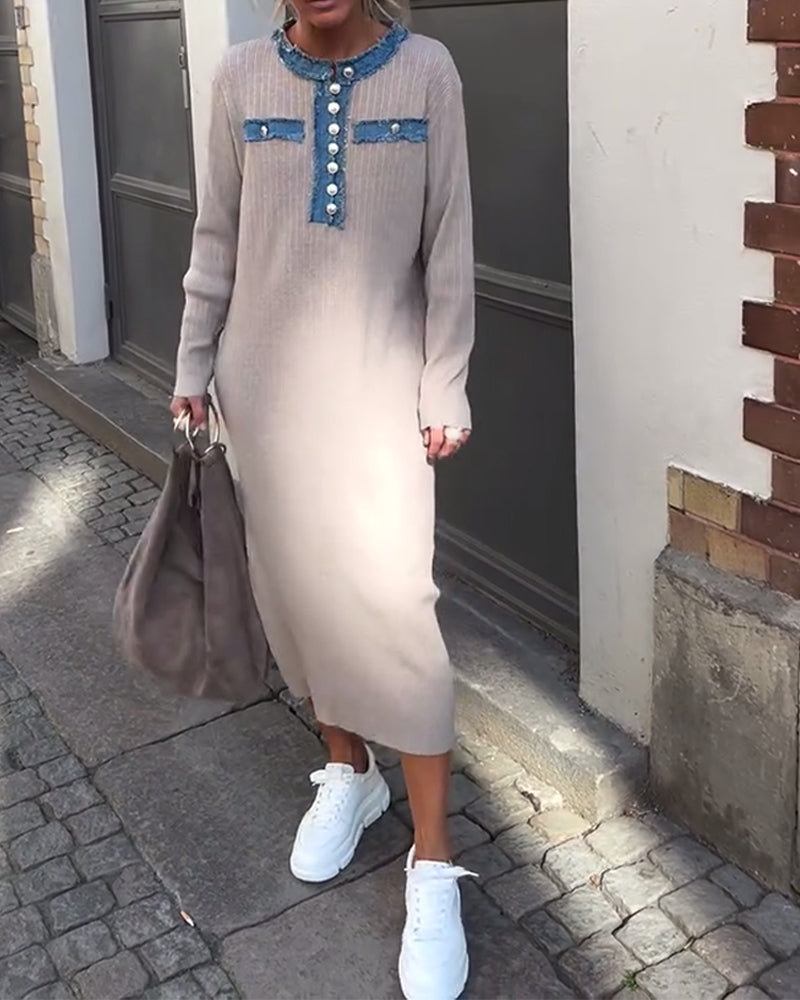 Denim Patchwork Round Neck Knitted Dress