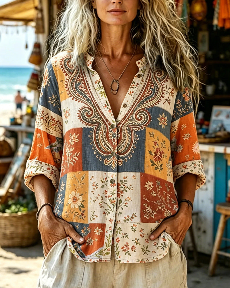 Color-Block Print Long-Sleeve Blouse