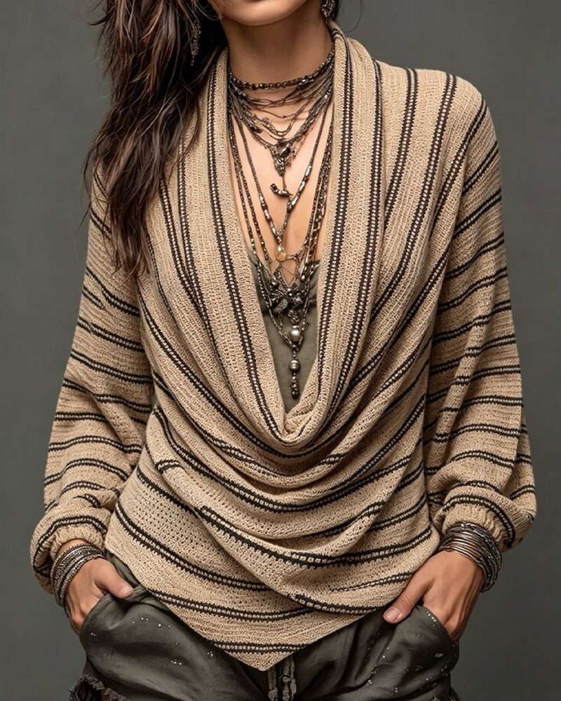 Striped Draped Neck Long-Sleeve Pullover