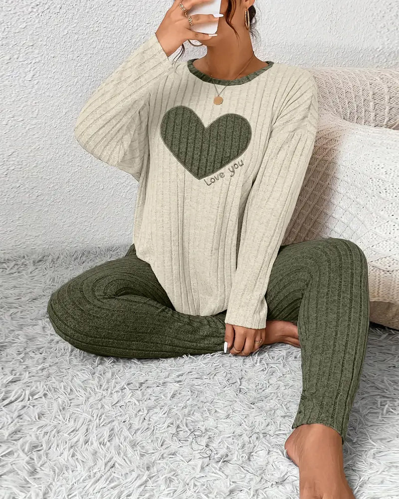 Heart-Patterned Color-Block Two-Piece Set