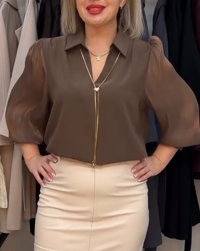 Elegant Collared Sheer Puff Sleeve Blouse