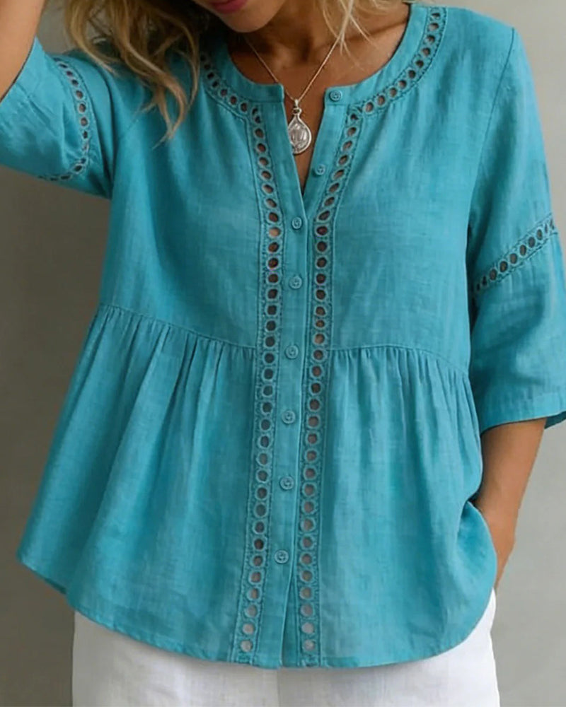 Cut-Out Patchwork Three-Quarter Sleeve Blouse