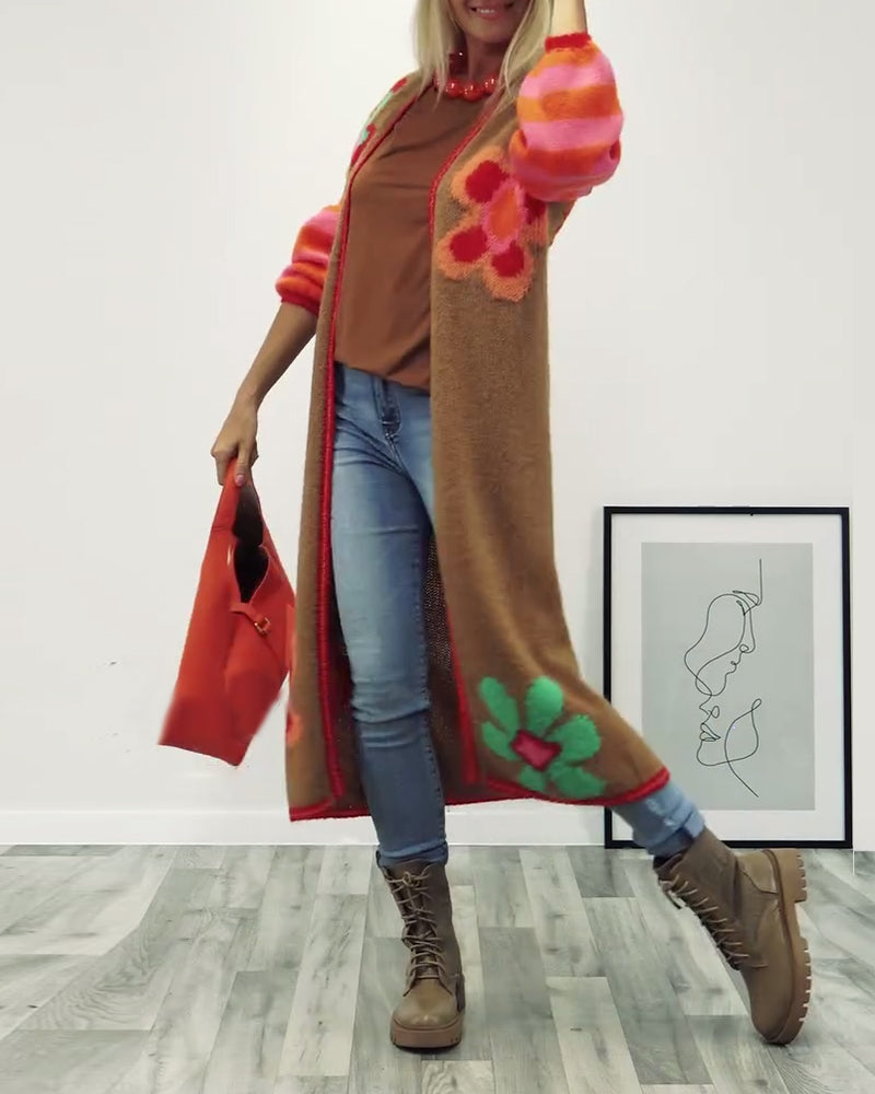 Floral pattern casual long cardigan
