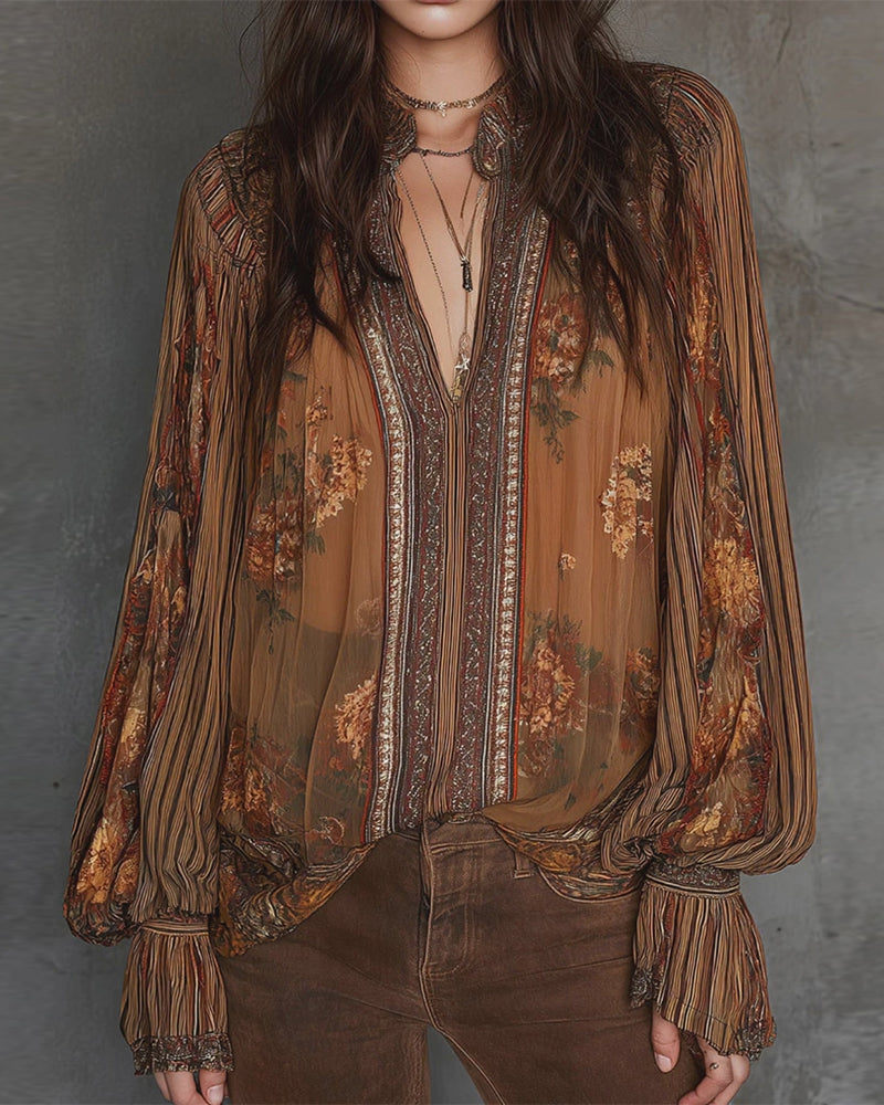 V-Neck Bohemian Style Floral Blouse
