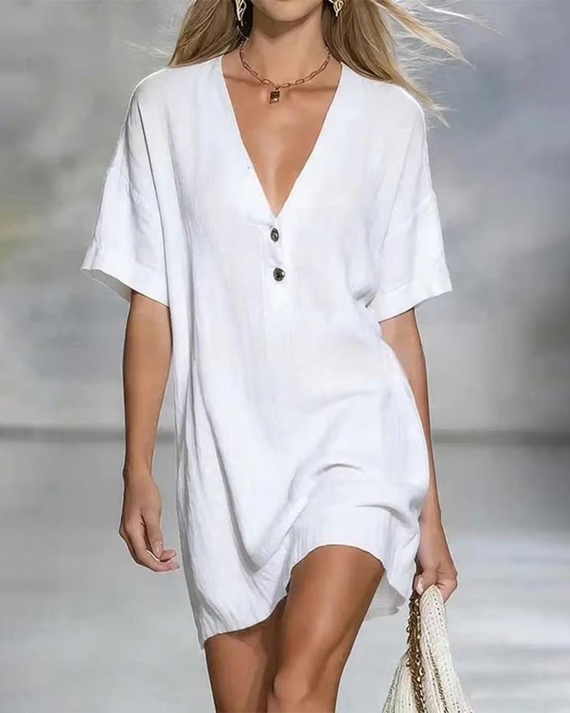 Minimalist V-Neck Button Dress