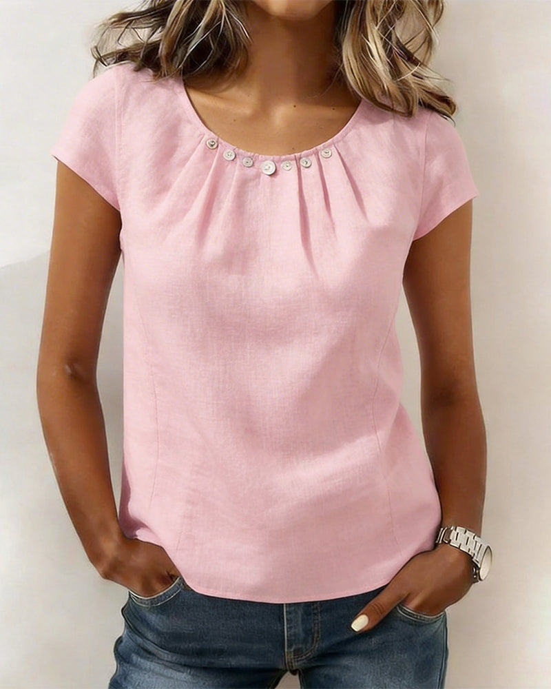 Pleated Button Round Neck Blouse