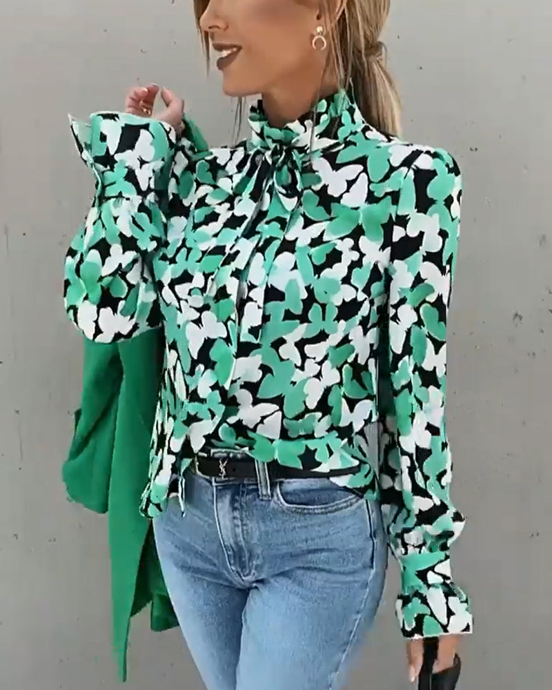 Butterfly print stand collar long sleeve shirt