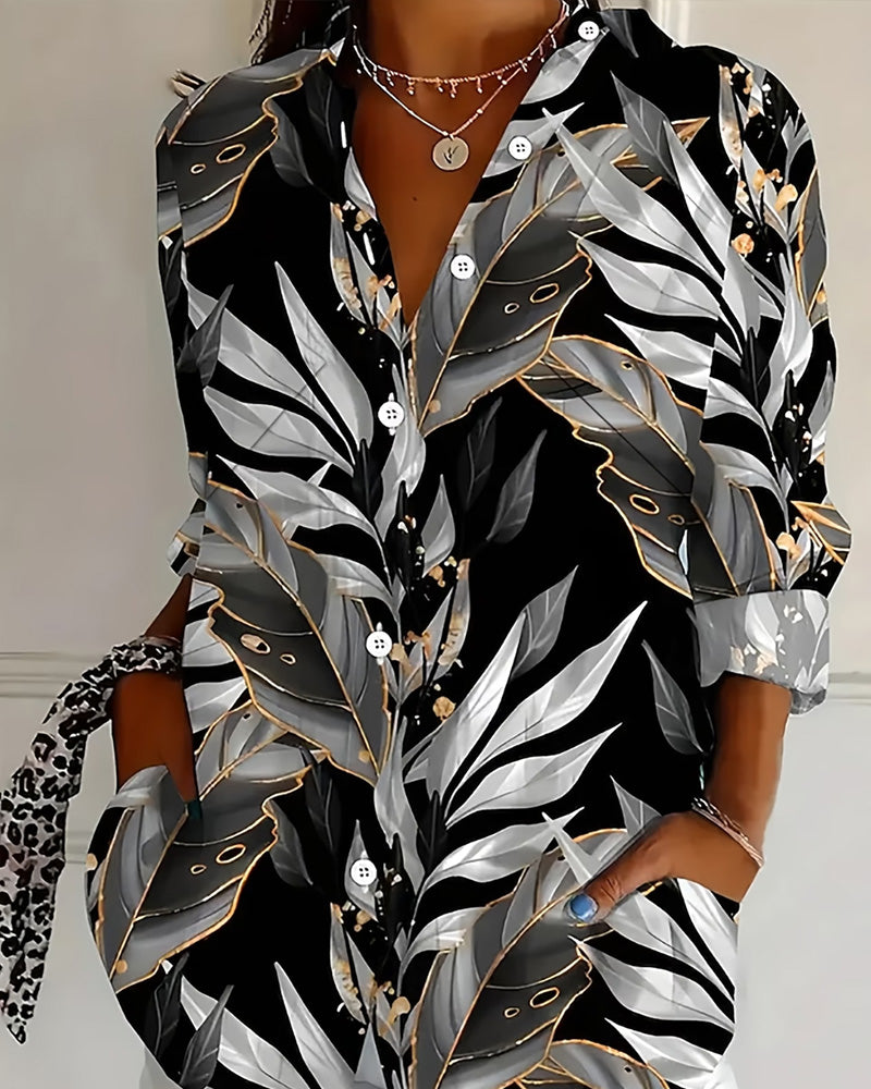 Leaf Print Long Sleeve Blouse