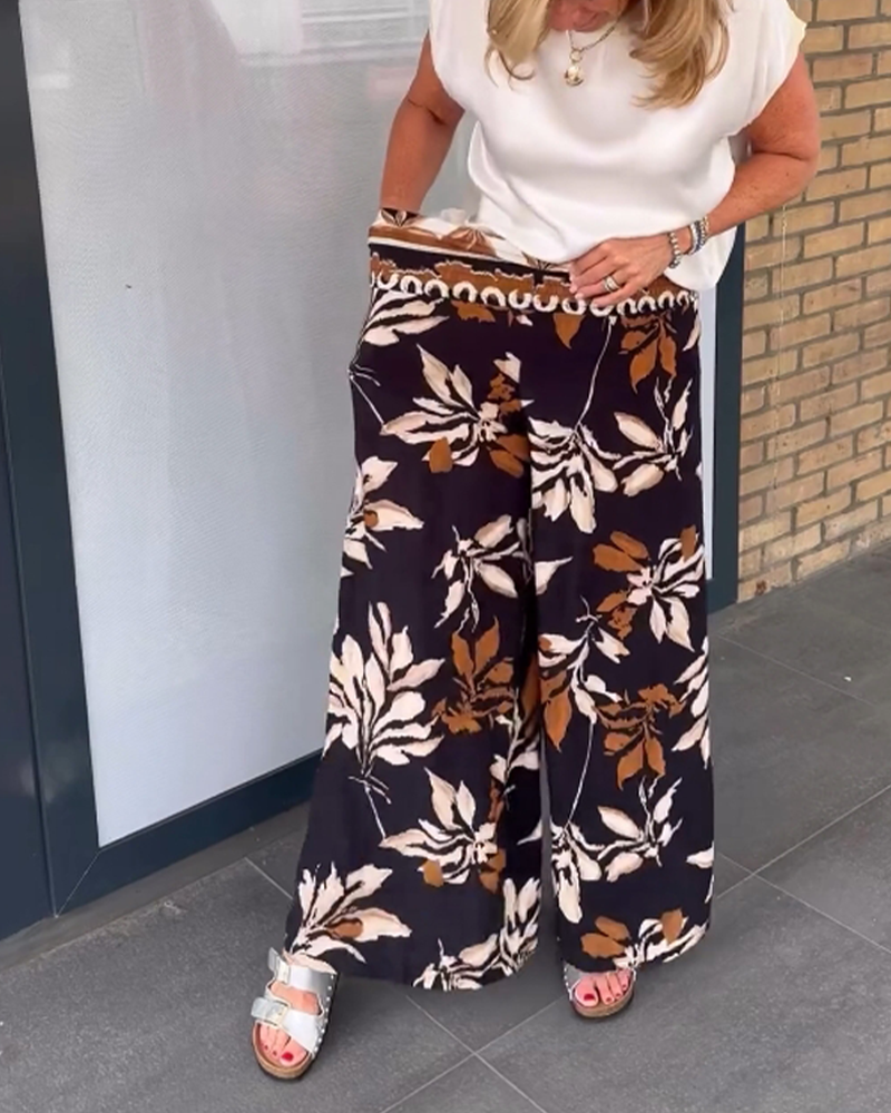 Ink Floral Print Short Sleeve Shirt & Wide Leg Pants Loungewear Set main image 0