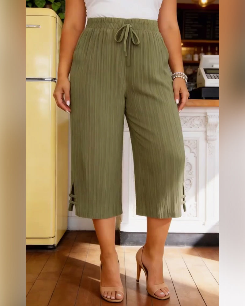 Drawstring Pleated Cropped Wide-Leg Pants