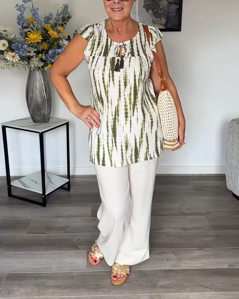 Lotus Leaf Sleeves Tassel Tie-Dye Blouse