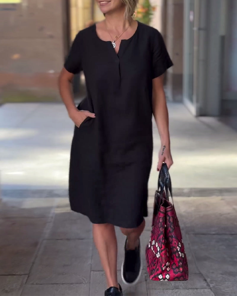 Solid color V-neck short-sleeve pocket dress