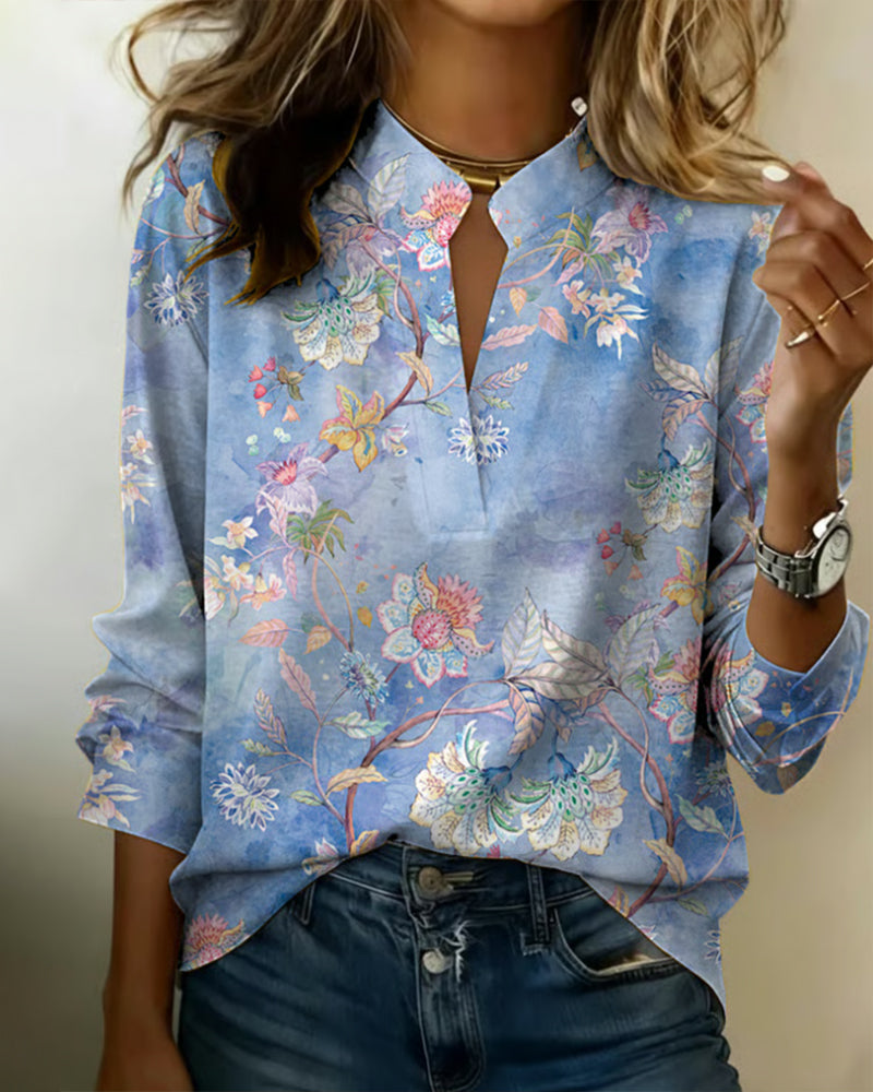 Stand-Up Collar Long-Sleeved Floral Blouse