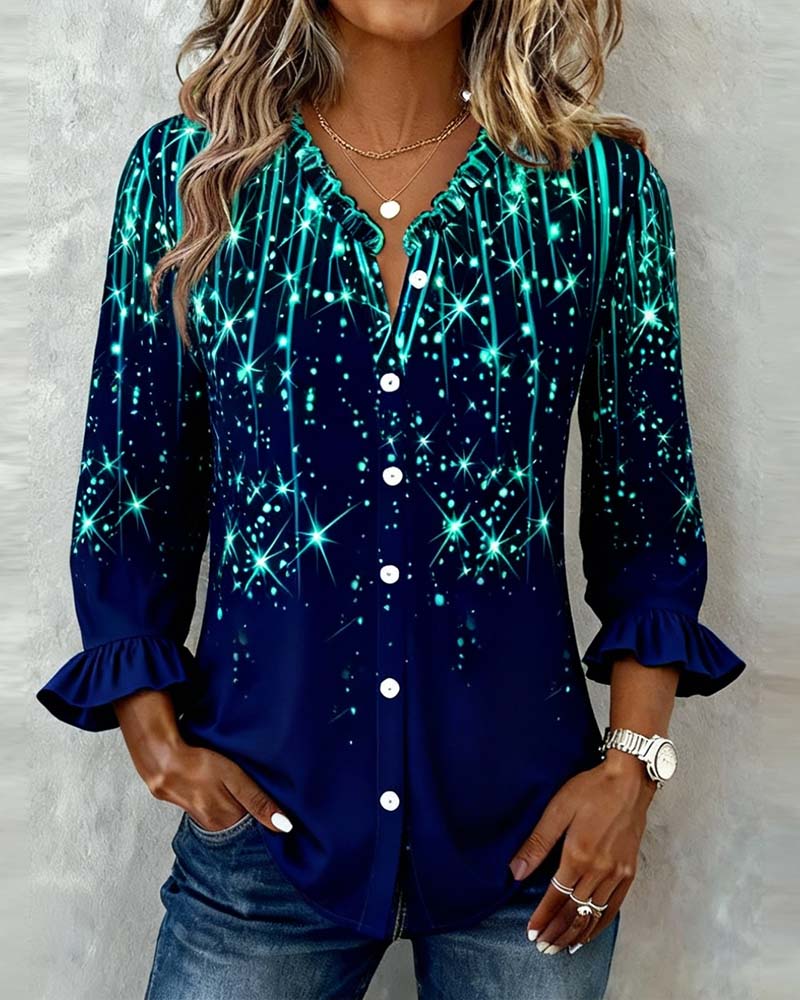 Flounce Trim Print Button-Up Shirt