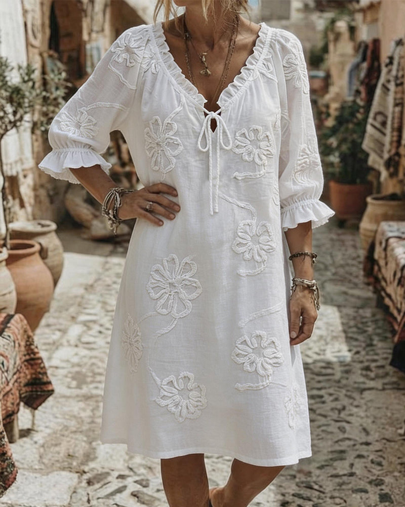 V-Neck Ruffle Tie 3D Floral Dresses