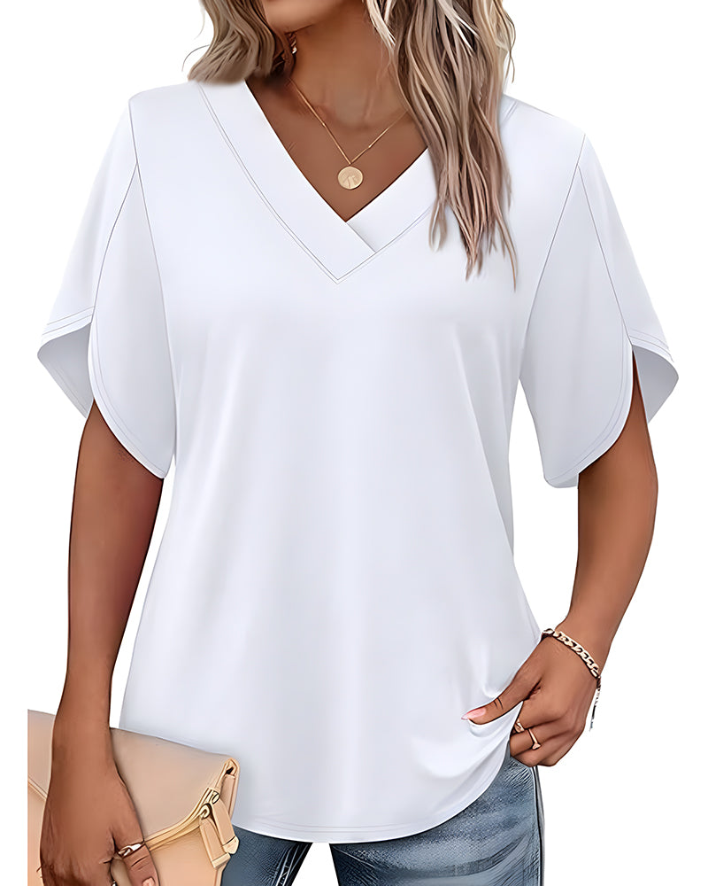 V-Neck Small Slit Short Sleeve Solid T-Shirt