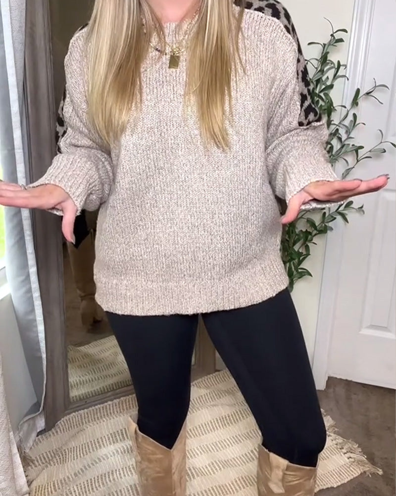 Casual Round Neck Leopard Print Patchwork Pullover