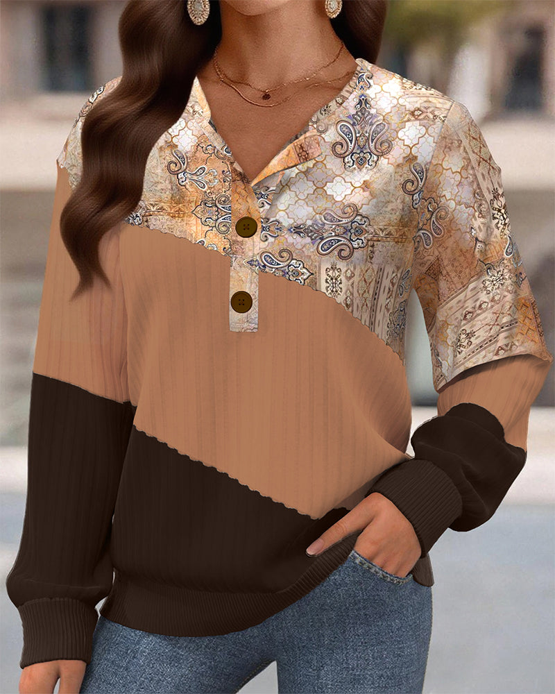 Color Block Button Collar Sweatshirt