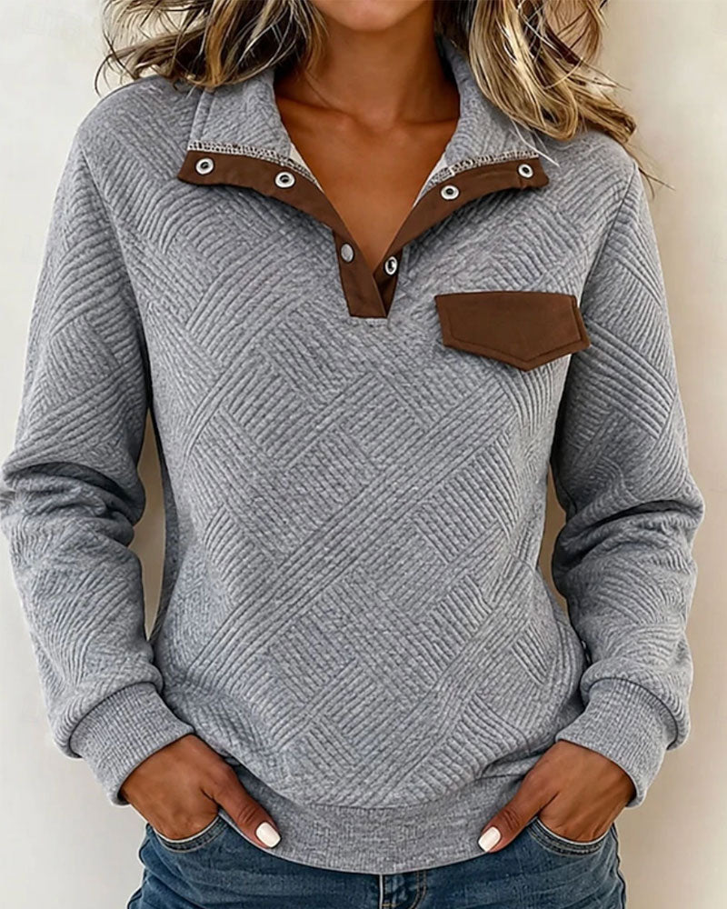 Diamond Quilted Jacquard Color-Block Lapel Sweatshirt