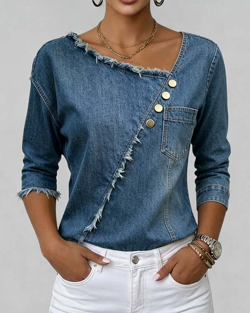 Denim Slant Collar Long Sleeve Blouse