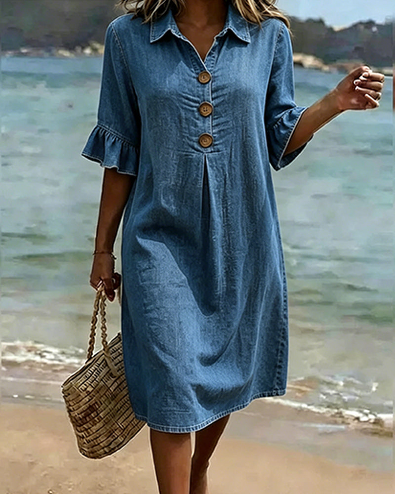 Denim Ruffle-Sleeve Shirt Dress