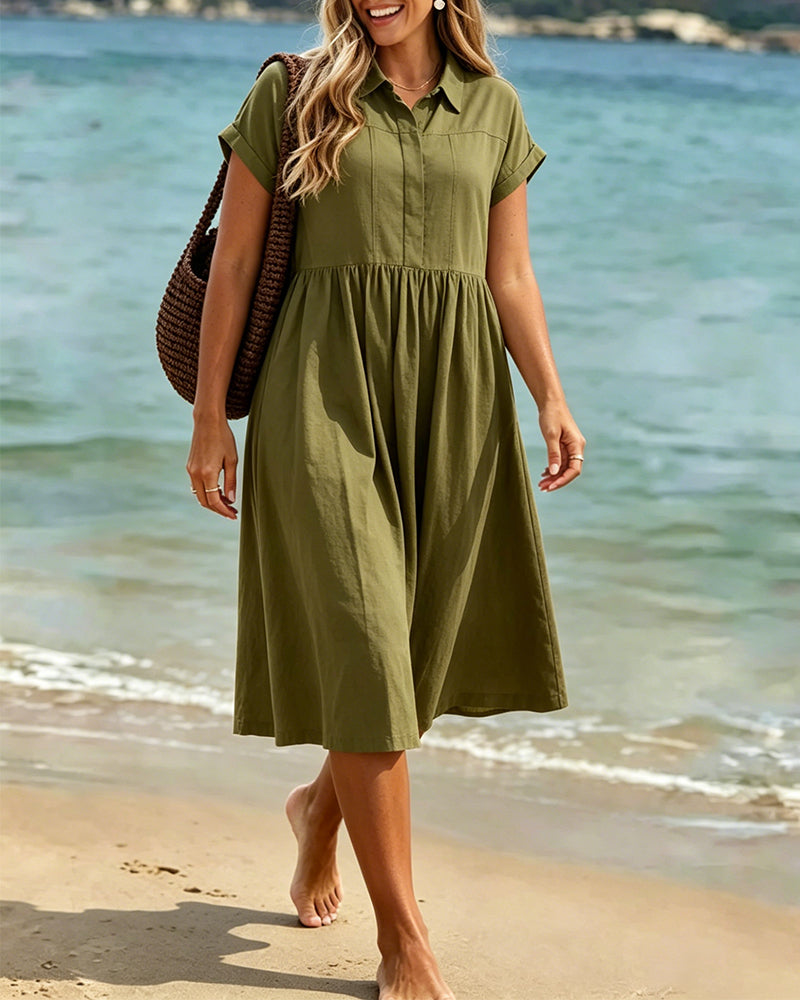 Collared Short-Sleeve Waist-Cinching Dress