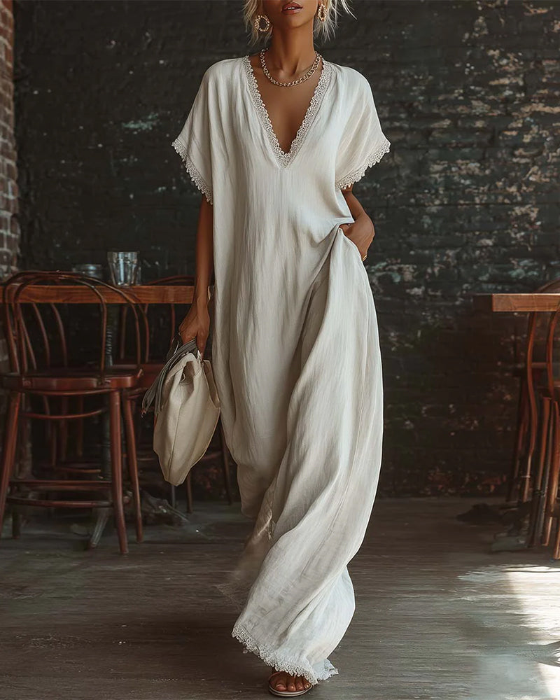 Solid Color V-Neck Fashion Long Dress