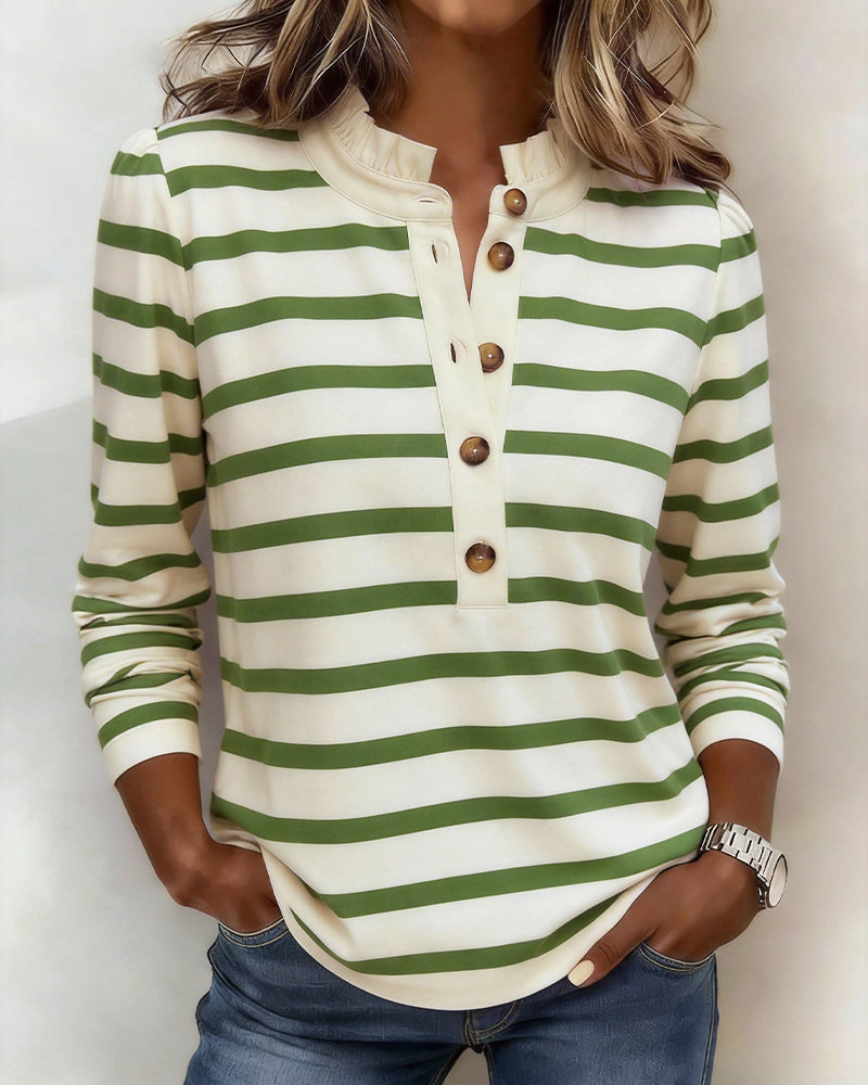 Round Neck Button Striped Top