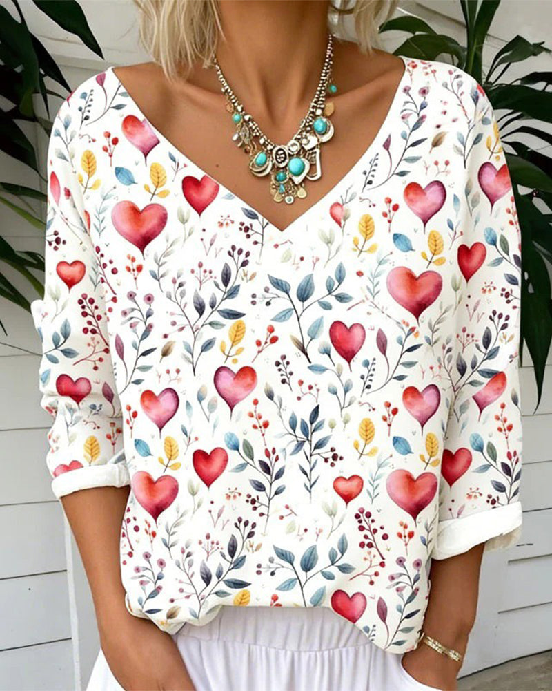 Heart Plant Print V-Neck Top