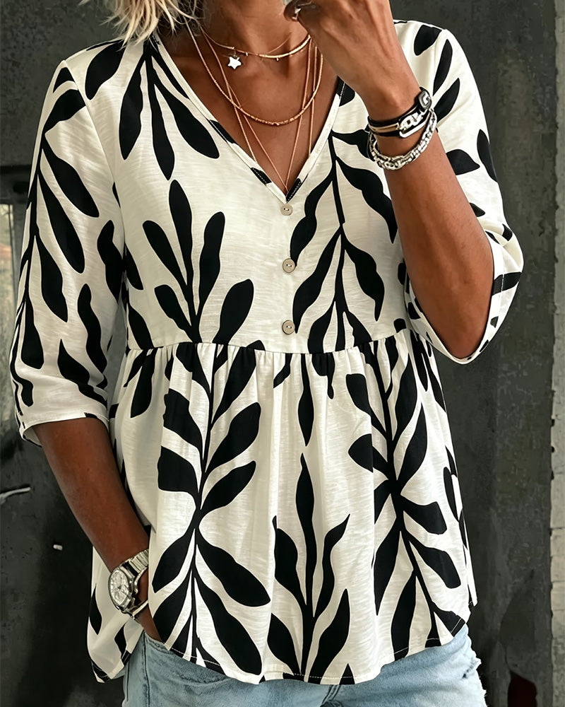 V-Neck Loose Print Short Sleeve Blouse