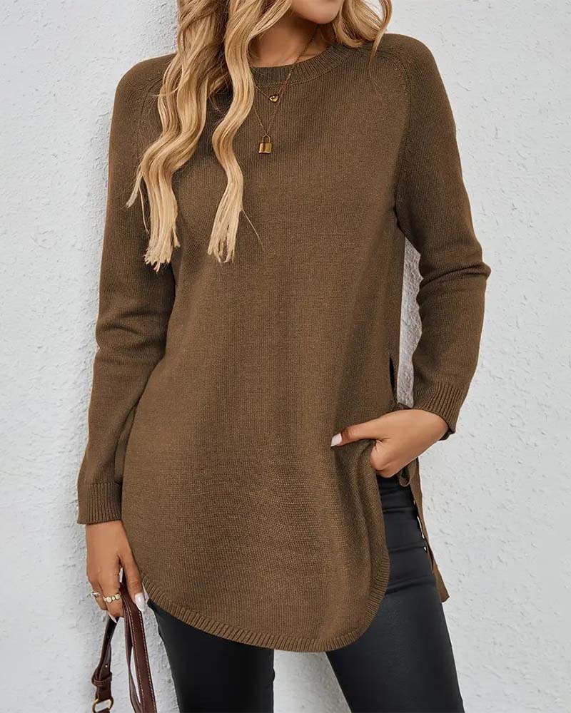 Round Neck Slit Solid Color Pullover