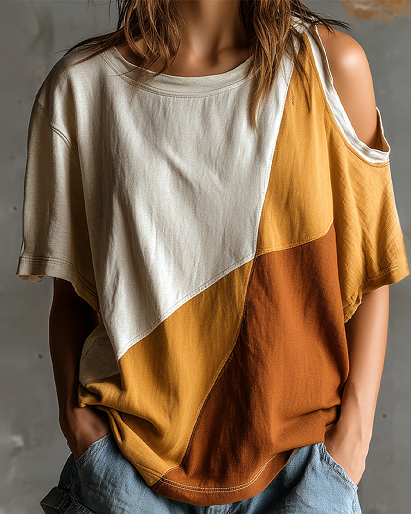 Color Block Off-Shoulder Loose T-Shirt