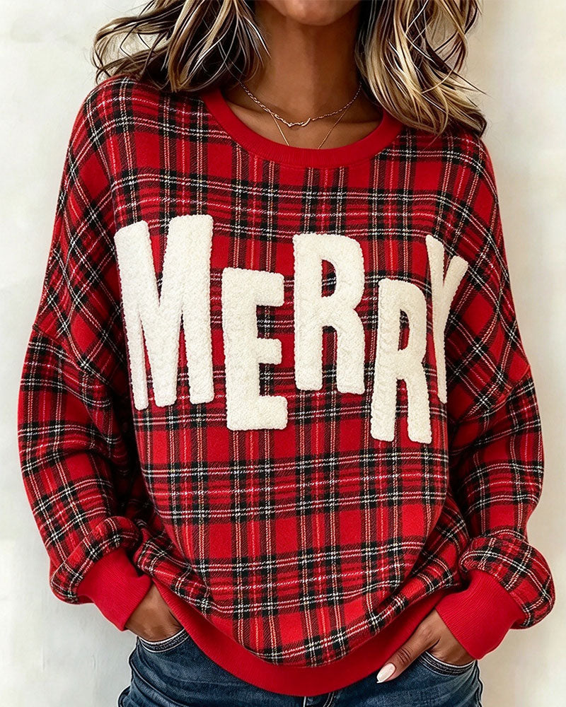 Plaid Letter Crew Neck Sweatshirt