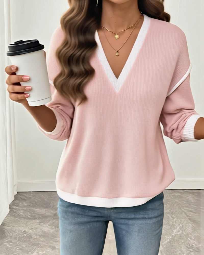 Color Block V-Neck Long-Sleeved Sweater