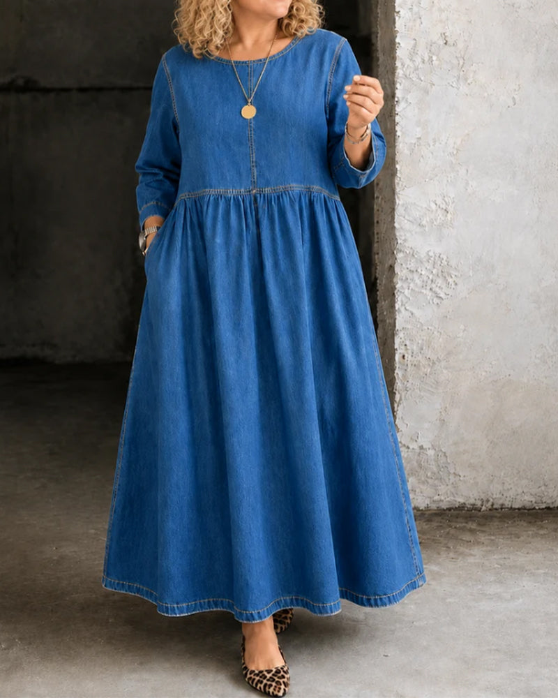 Round Neck Pleated Long Sleeve Denim Dress