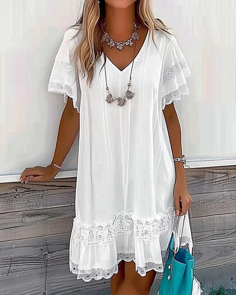 Casual Lace V-Neck Short Dress