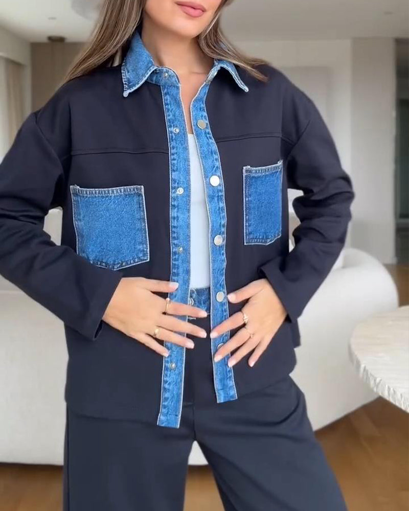 Color-Blocking Lapel Shirt