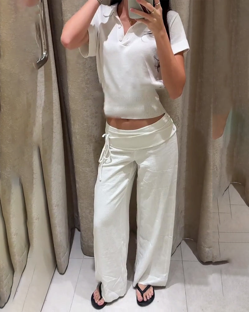 Solid-Color Drawstring Wide-Leg Pants