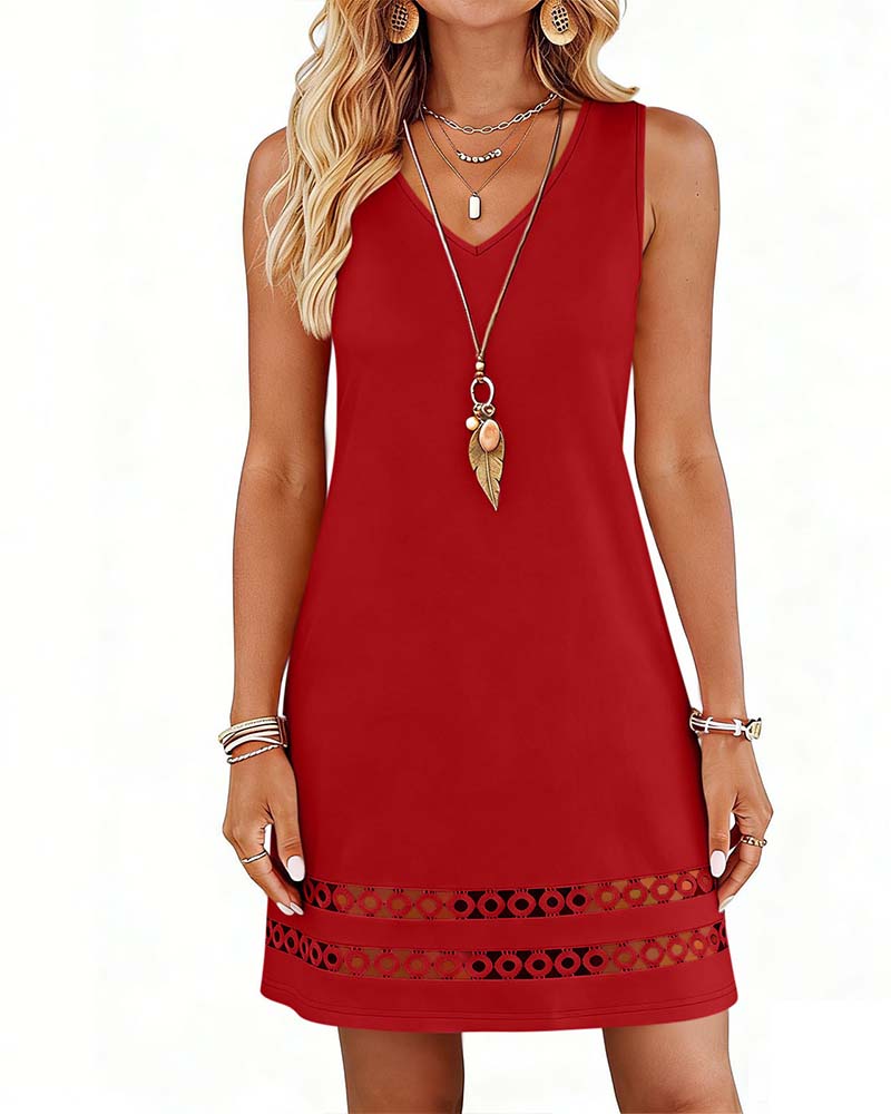 V-Neck Sleeveless Hollow Solid Dress